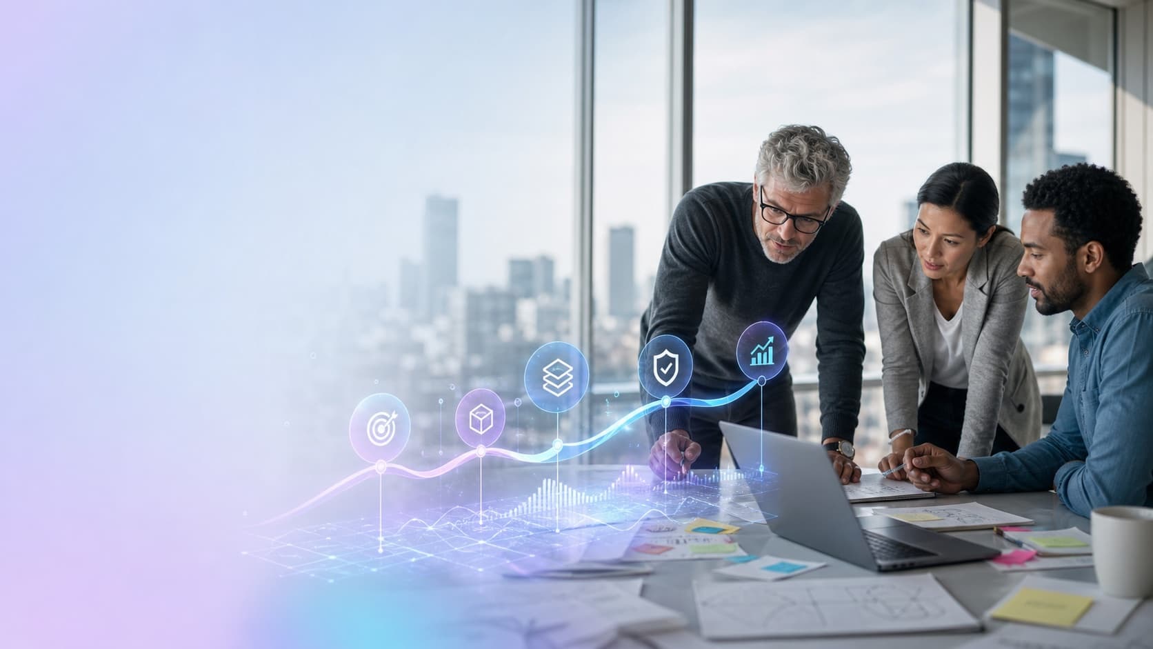 Equipo de negocio, producto e ingeniería conecta oportunidades, soluciones AI, confiabilidad y crecimiento